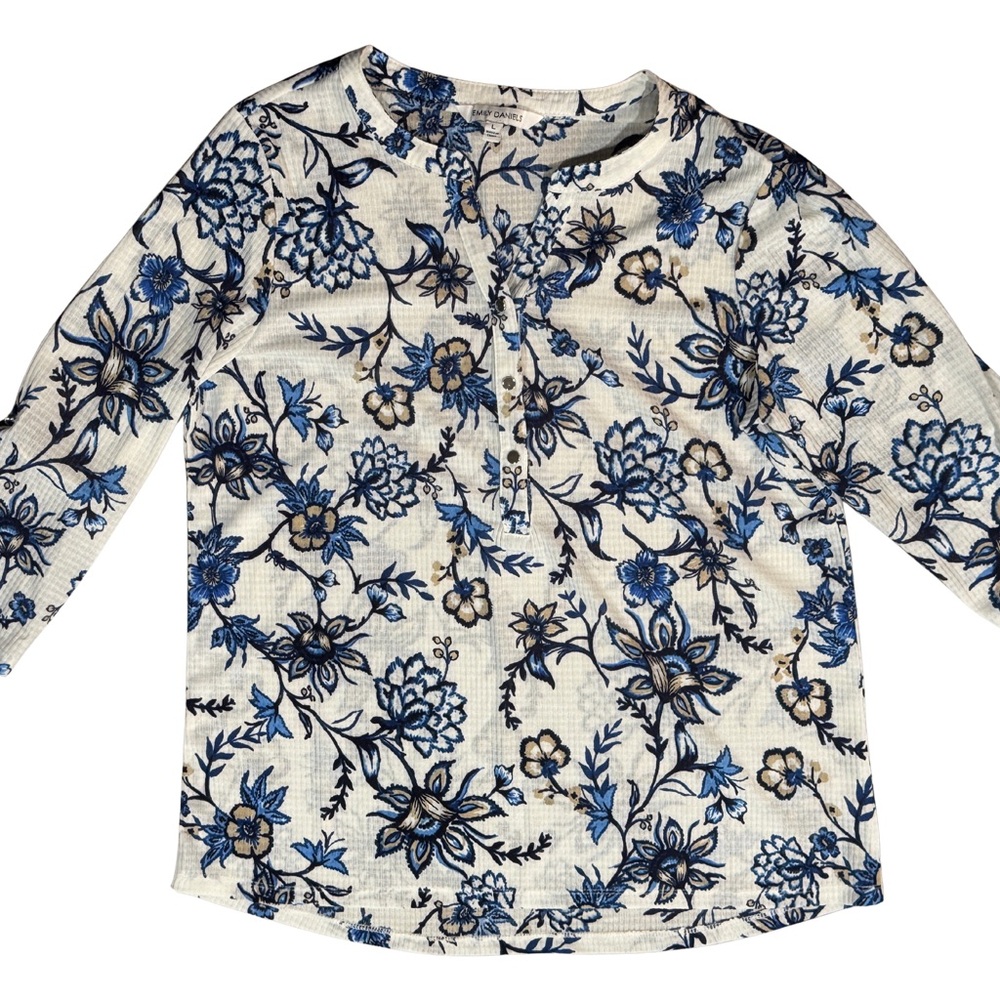 Women’s’ Blue Floral Henley Three-Quarter Sleeve Top